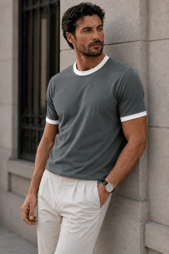 Capra Yaka Kol Biyeli Basic Pamuk Likralı İki İplik Erkek T-Shirt - CamYesili