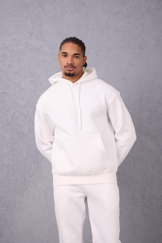 Şardonlu Kanguru Cepli Sweatshirt - 3 İplik Şardonlu Lastik Paça Erkek Eşofman Altı- Eşofman Takımı - Ekru