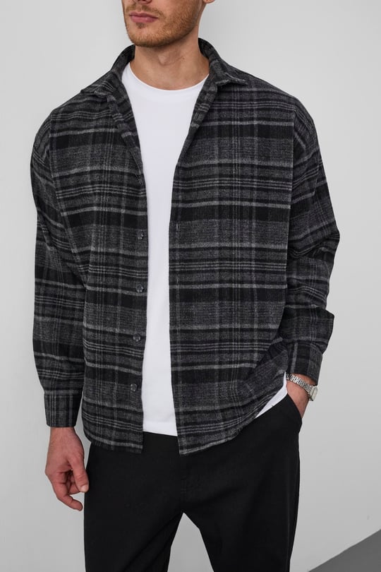 Brandon Relaxed Fit Pamuklu Geniş Çizgili Oduncu Erkek Gömlek - Füme