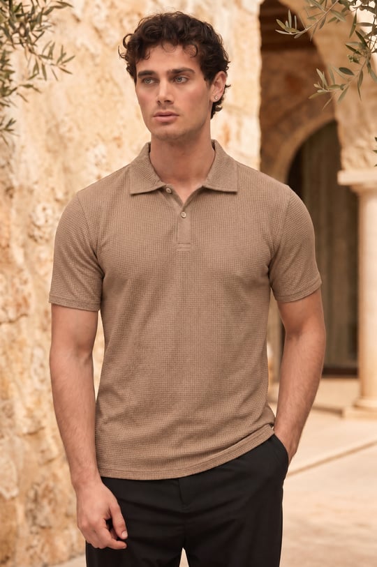 Evenor Kabartma Desenli Polo Yaka Düğmeli Relaxed FitYumuşak İnce Erkek T-Shirt  - Kahve