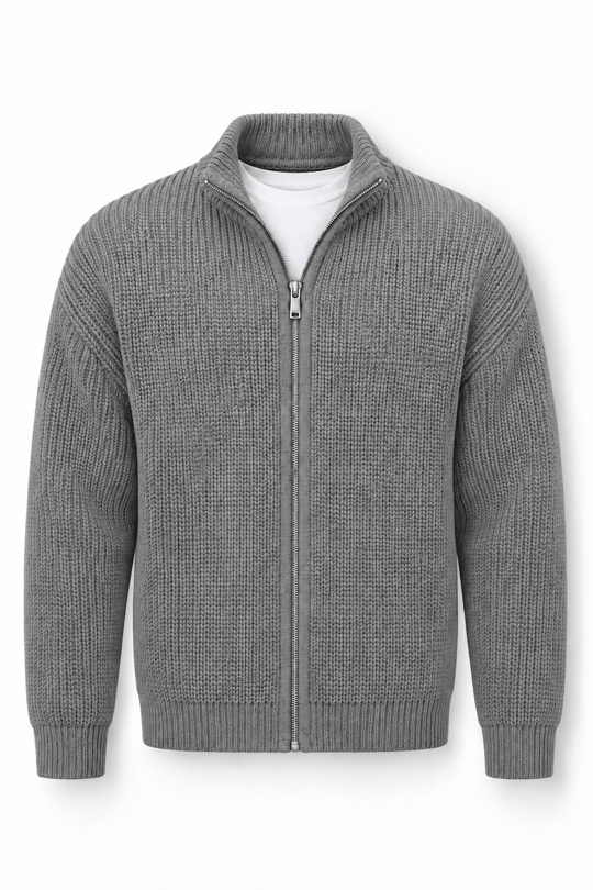 Woody Relaxed Fit Selanik Örme Fermuarlı Erkek Hırka - Füme