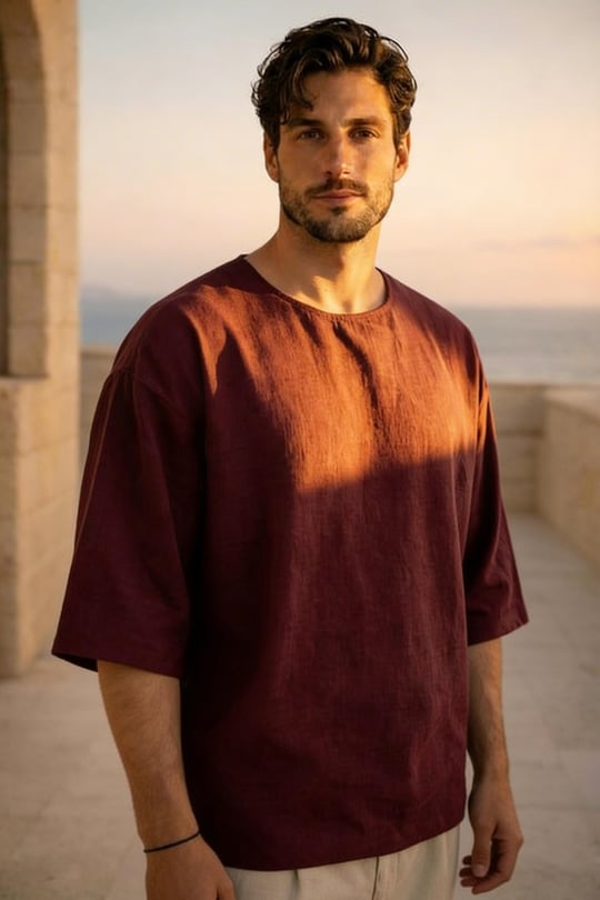 Castiel Bisiklet Yaka Fakir Kol Oversize Kısa Kol T-shirt - Bordo