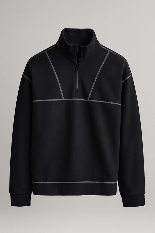 Crowe Çizgi Şeritli Oversize Yarım Fermuar Polar Erkek Sweatshirt - Siyah