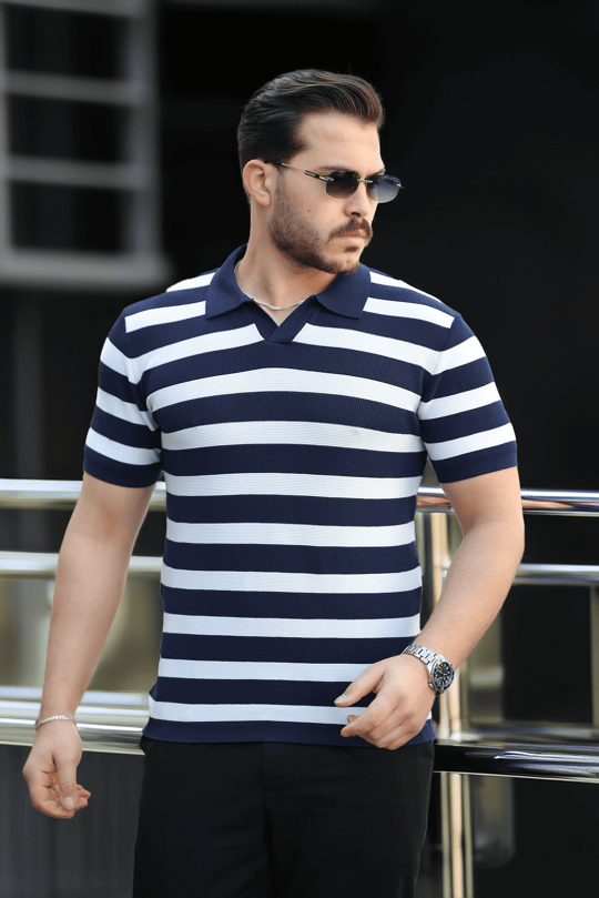 Premium Yan Çizgili Viskon Polo Yaka Triko Erkek T-Shirt - Lacivert