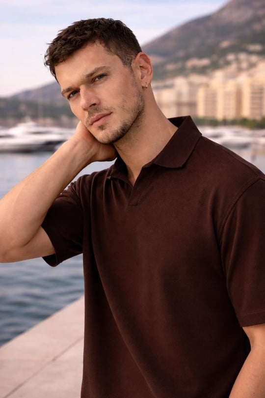 Leodes Waffle Kumaş Polo Yaka Relaxed Fit Düğmesiz Erkek T-Shirt - Kahve