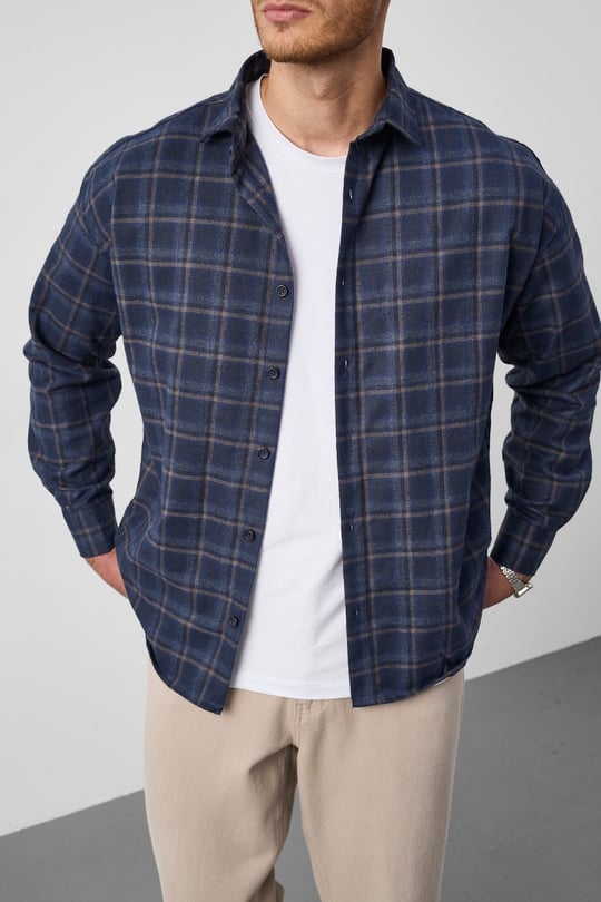 Dragon Relaxed Fit Pamuklu Kareli Flanel Erkek Gömlek - Mavi