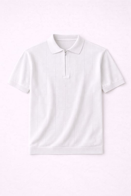 Ritchie Fermuarlı Polo Yaka Dikey Çizgili Kısa Kollu İnce Triko Erkek T-Shirt - Ekru