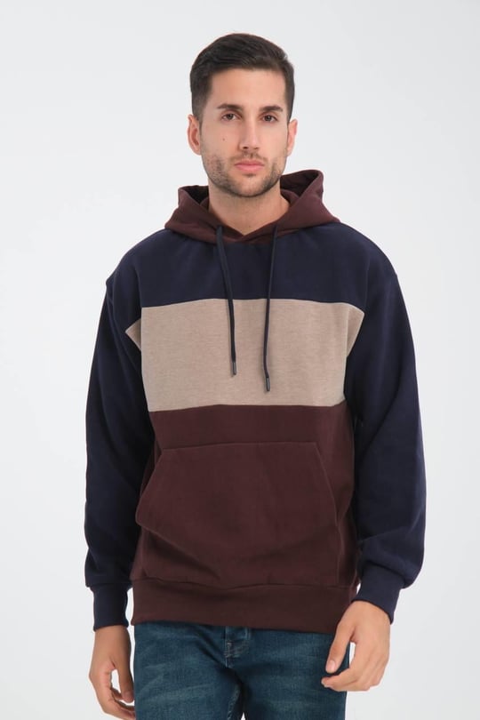 Oversize Kapüşonlu 3 Renk Blok Selanik Örme Erkek Sweatshirt - Kahve