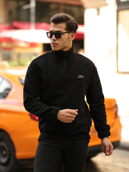 Premium Yarım Ferrmuar Polar Sweatshirt - Siyah