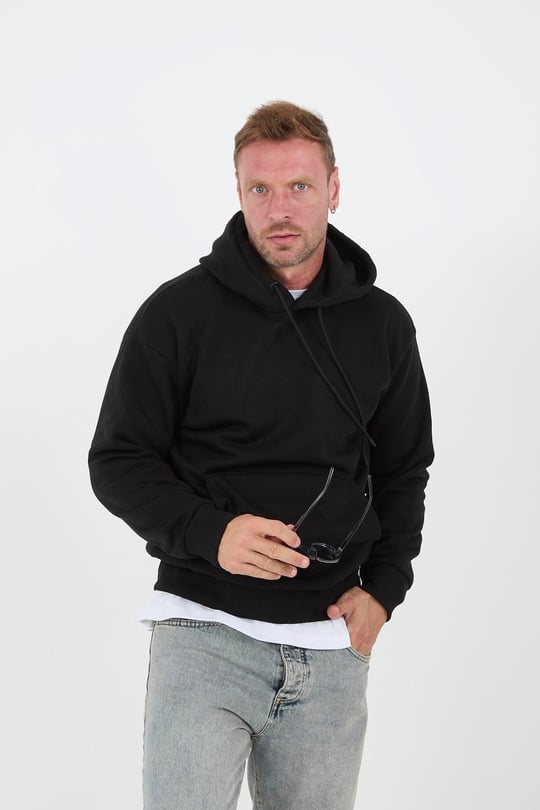 Siyah Erkek Oversize Kapüşonlu Kanguru Cepli Sweatshirt - Hoodie
