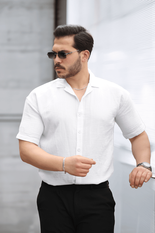 Yarım Oversize Apaş Yaka Kısa Kol Müslin Kumaş Erkek Gömlek - Beyaz
