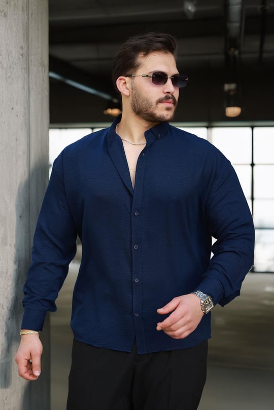 Yumuşak Dokulu Yarım Oversize Erkek Gömlek - Lacivert