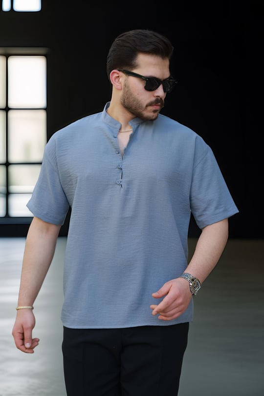 Oversize Yarım Pat Bambu Kısa kol Gömlek - Koyu Gri