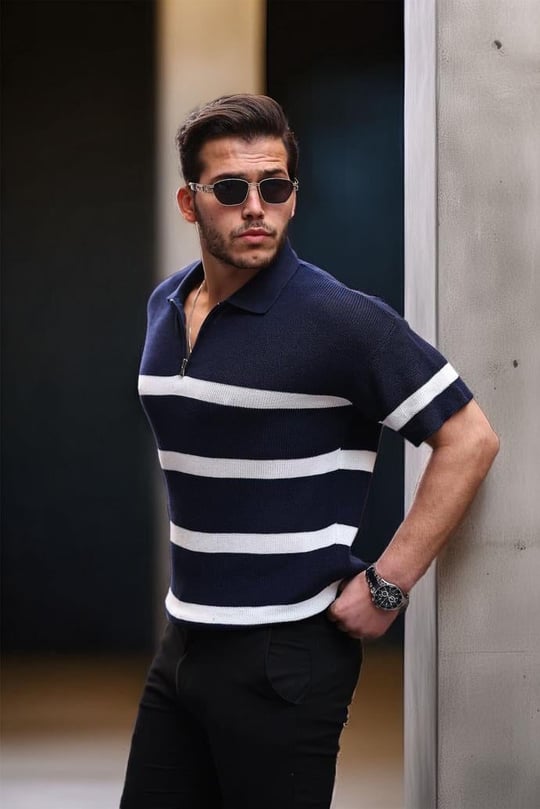 Yarım Fermuar Çizgili Oversize Triko T-Shirt - Lacivert