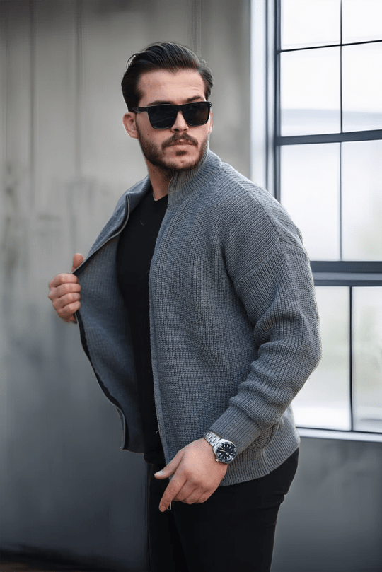 Oversize Selanik Örme Fermuarlı Erkek Hırka- Füme