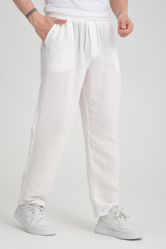 Aerobin Keten Baggy Kalıp Pantolon - Beyaz