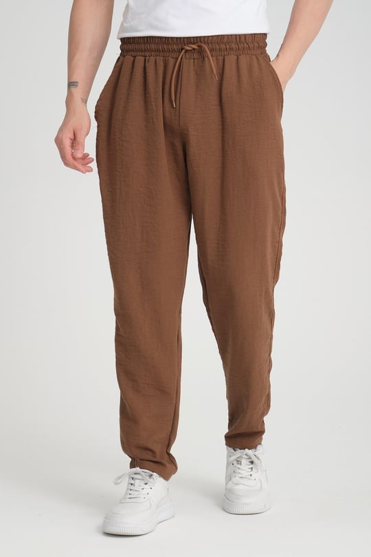 Aerobin Keten Baggy Kalıp Pantolon - Kahve