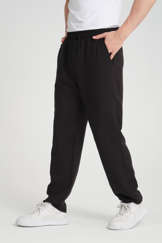 Aerobin Keten Baggy Kalıp Pantolon - Siyah