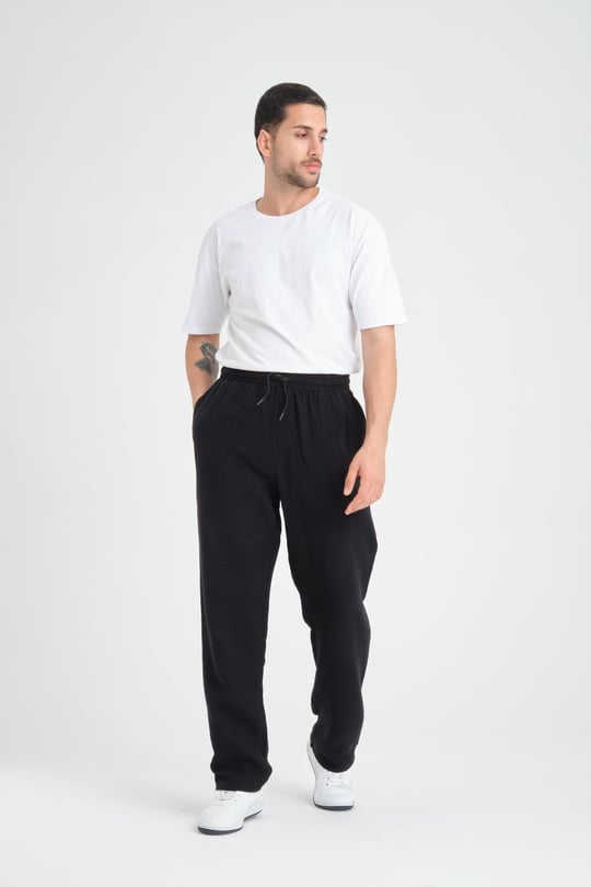 Baggy Kalıp Müslin Kumaş Pantolon - Siyah