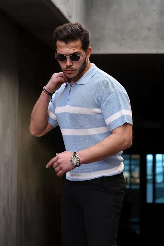 Yarım Fermuar Çizgili Oversize Triko T-Shirt - Açık Mavi