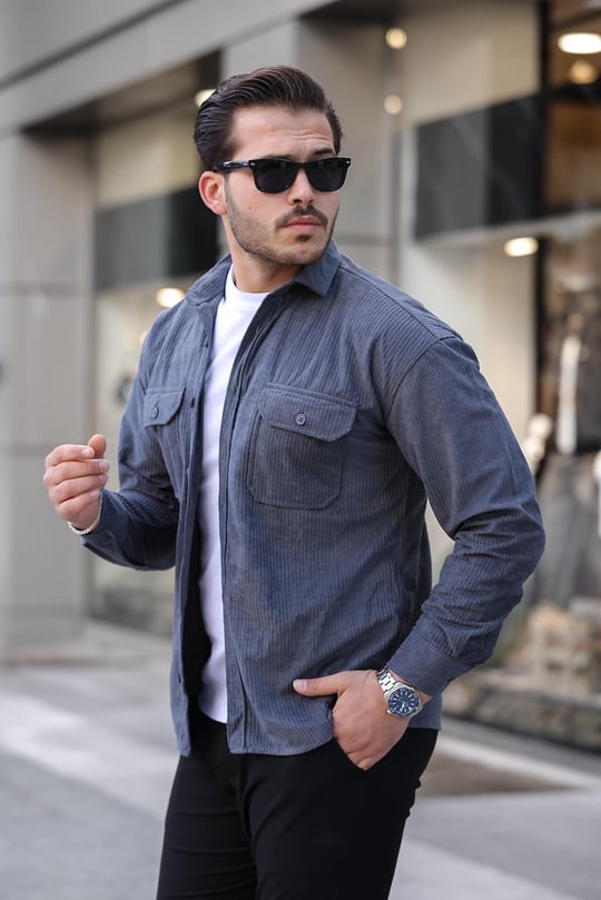 Çift Cepli Oversize Dolgu Fitilli Erkek Kadife Gömlek - Füme