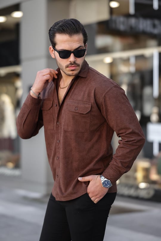 Çift Cepli Oversize İnce Fitilli Erkek Kadife Gömlek - Kahve