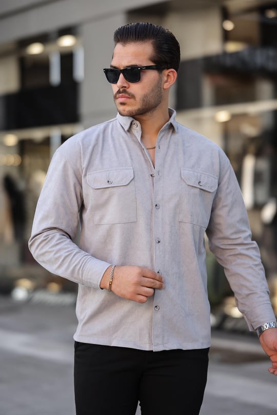 Çift Cepli Oversize İnce Fitilli Erkek Kadife Gömlek - Taş