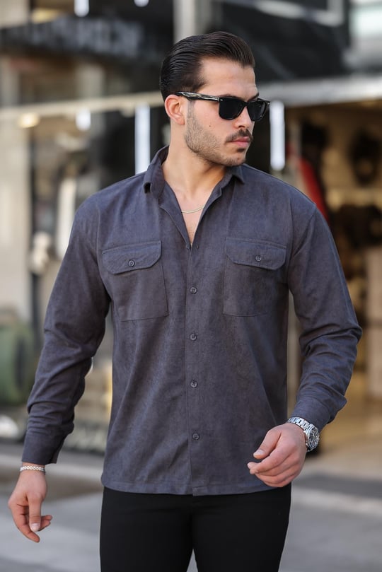 Çift Cepli Oversize İnce Fitilli Erkek Kadife Gömlek - Füme
