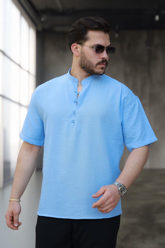 Oversize Yarım Pat Bambu Kısa kol Gömlek - Açık Mavi