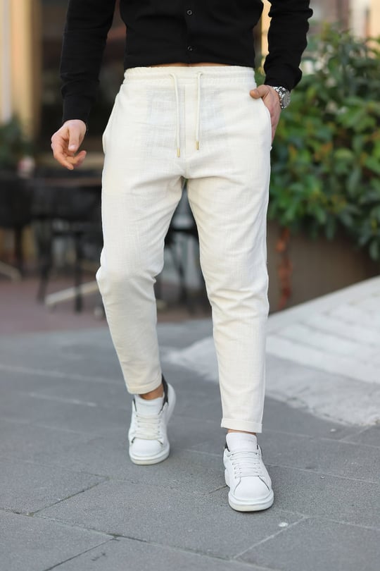 Duble Paça Katlamalı Baggy Örme Keten Pantolon - Bej