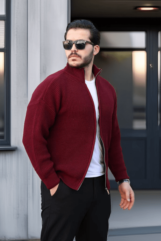 Oversize Selanik Örme Fermuarlı Erkek Hırka- Bordo