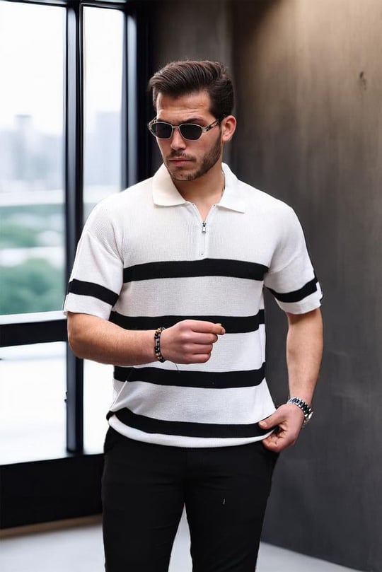 Yarım Fermuar Çizgili Oversize Triko T-Shirt - Beyaz