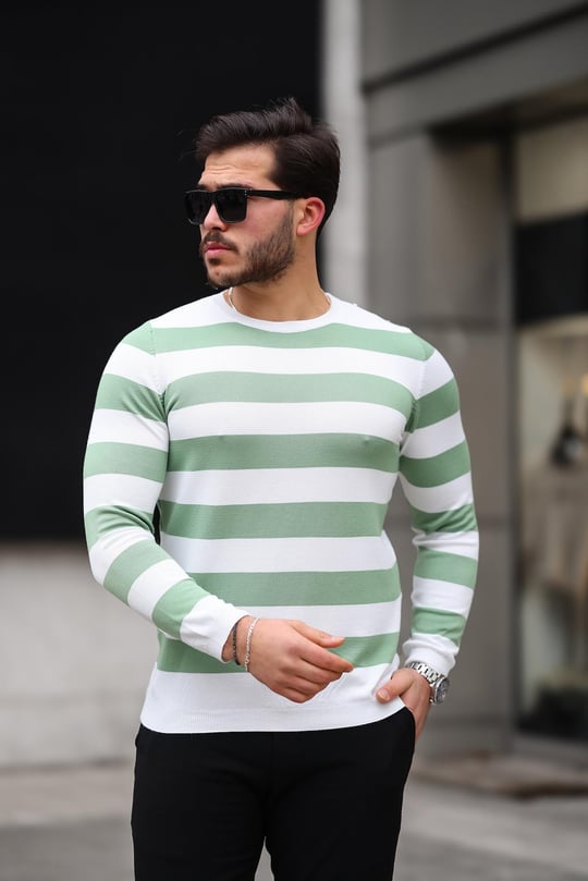 Örme Çizgili Bisiklet Yaka İnce Triko Erkek Kazak - Yesil