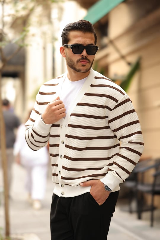 Oversize Çizgili Düğmeli Erkek Hırka - Kahve