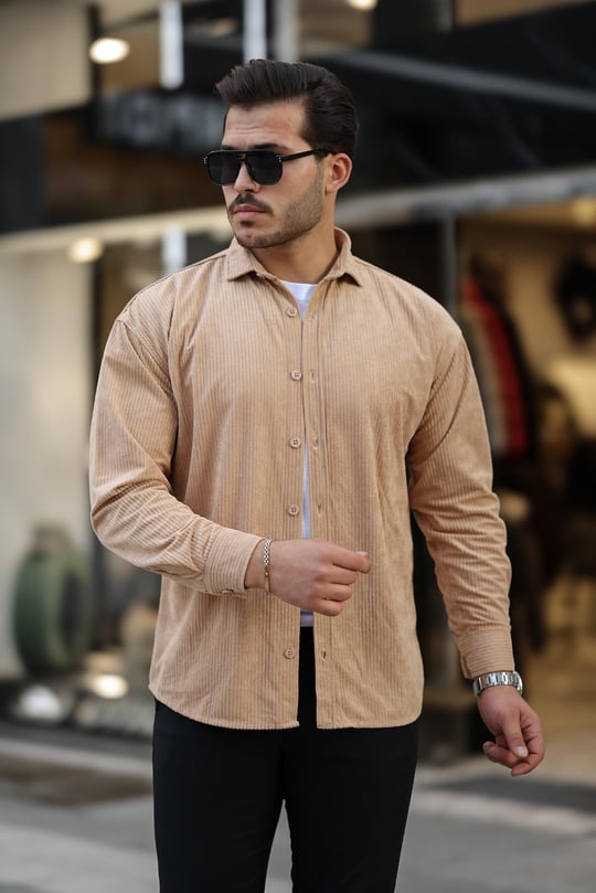 Oversize Fitilli Erkek Kadife Gömlek - Bej