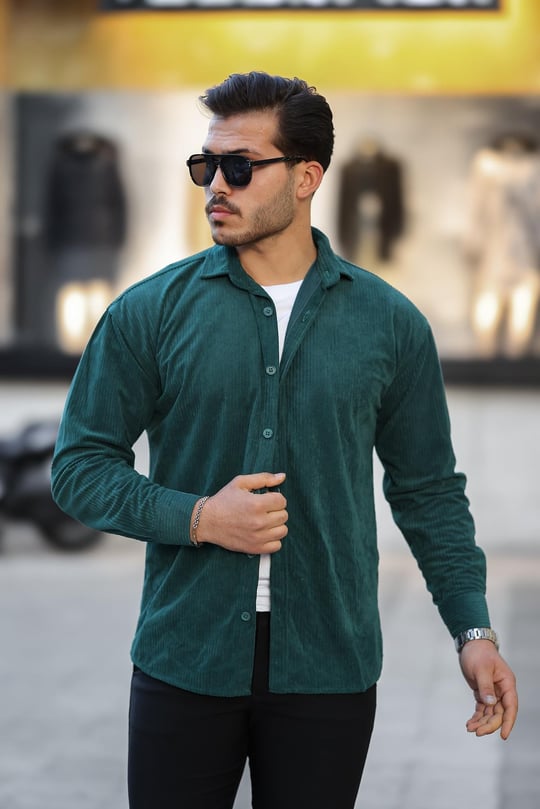 Oversize Fitilli Erkek Kadife Gömlek - Zümrüt Yeşili