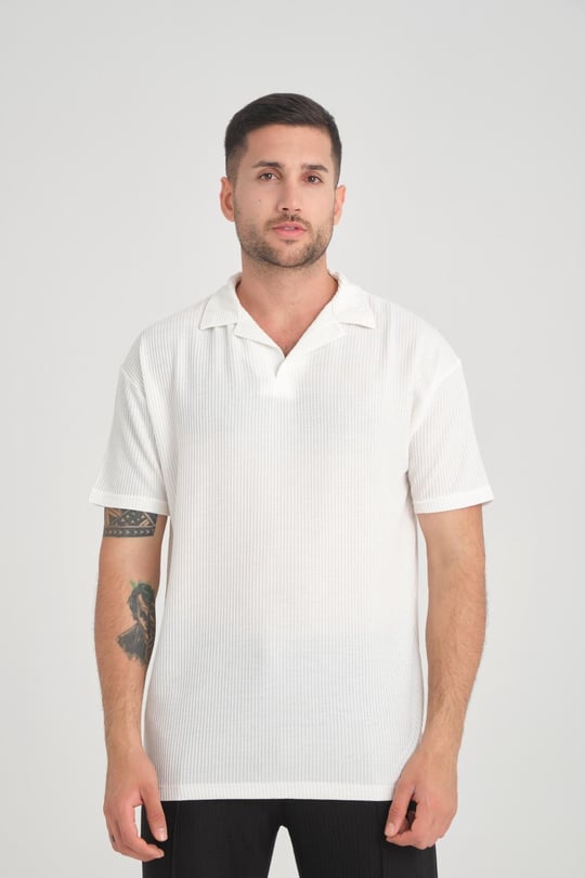 Premium V Yaka Fitilli T-Shirt - Beyaz