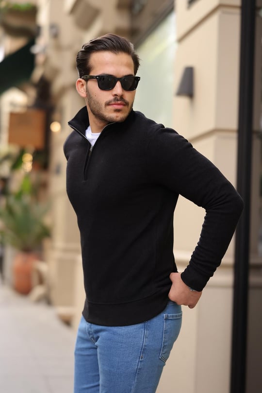 Selanik Örme Kumaş Yarım Fermuar Erkek Sweatshirt - Siyah