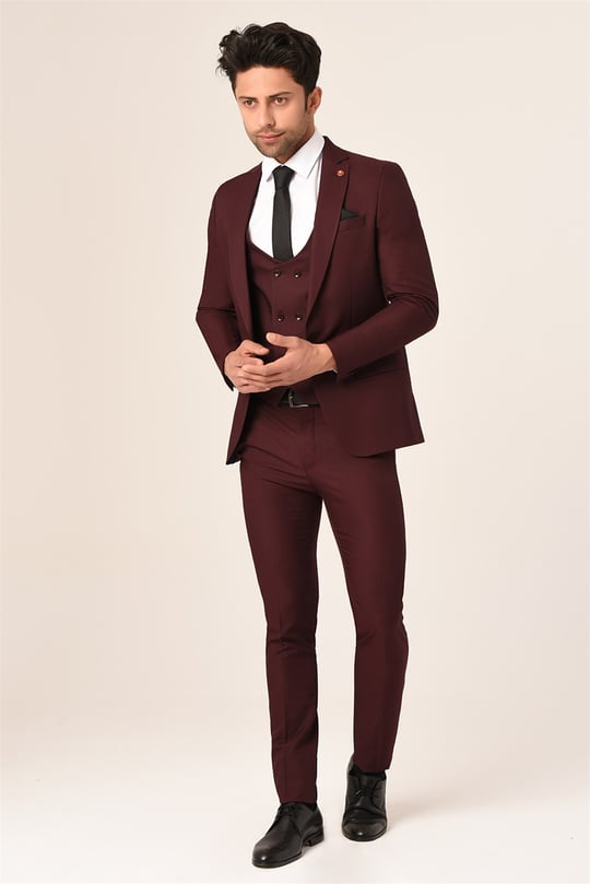 Bordo Yelekli Erkek Yeni Nesil Takım Elbise Slim Fit | Agustini