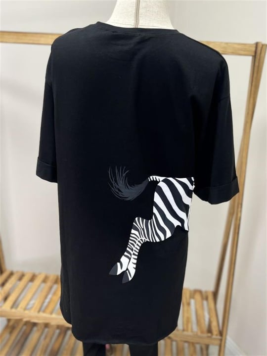 7621 Zebra Desenli Tayt Üstü Tişört/Siyah/S