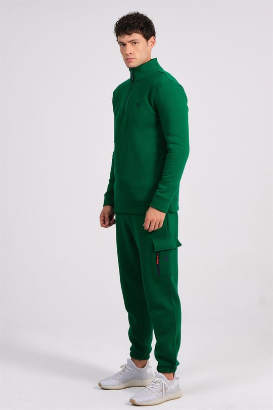 ALA Erkek Benetton Yeşili Yarım Fermuarlı Sweatshirt ve Kargo Cepli Eşofman  Takımı