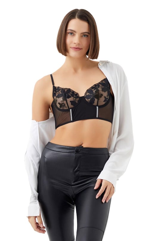 Cottonhill Flower Embroidery Transparent Women Bra Set, Wired