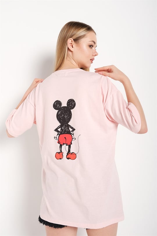 Kadın Beyaz Sırt Baskılı Mickey Mouse T-shirt