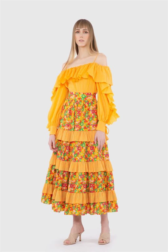 Patterned High Waist Yellow Skirt