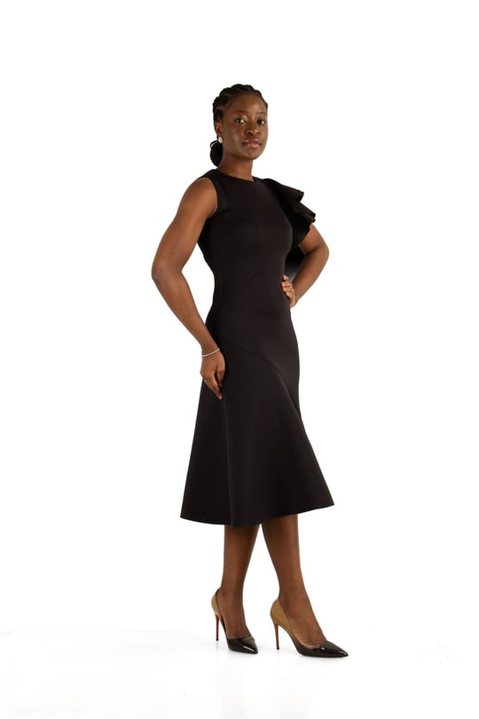 Asymmetric Cut Frill Shoulder Scuba Dress Black