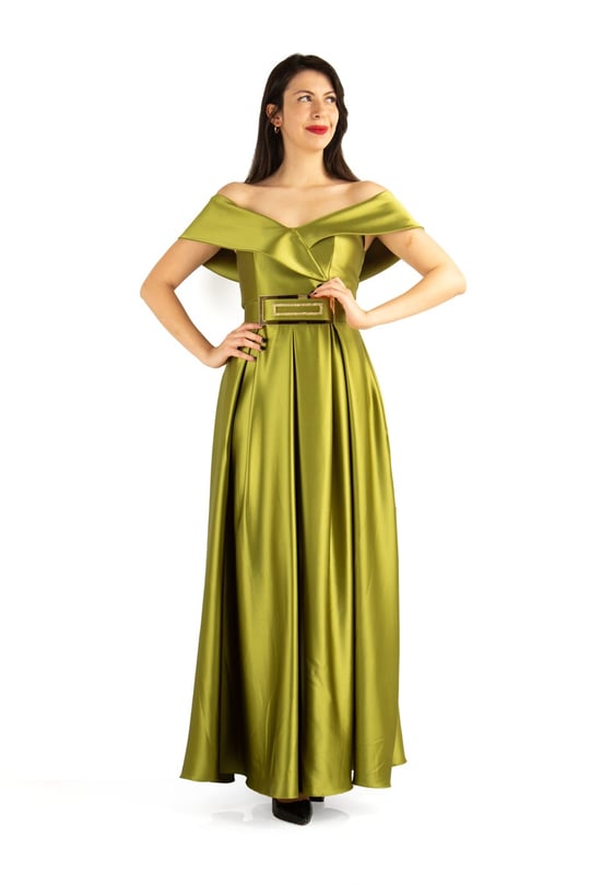 فستان ستان بحزام مكشوف الأكتاف - أخضر زمردي
