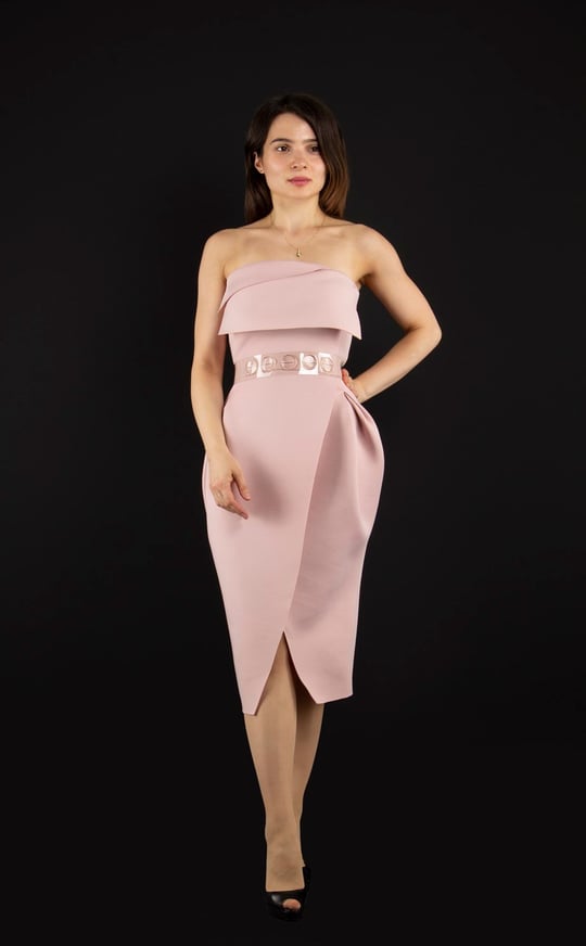 PINK OFF SHOULDER SCUBA DRESS WITH SASH