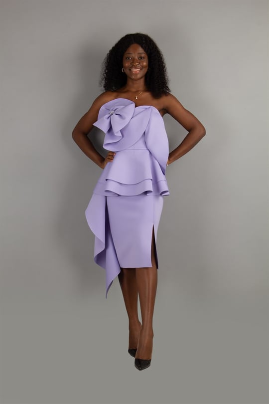 Off The Shoulder Ruffle Peplum Scuba Dress With Big Flower Detail - Lilac -  Wholesale Womens Clothing Vendors For Boutiques