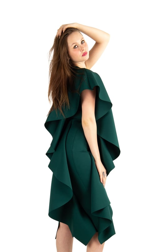 One Sleeve Frill Scuba Midi Dress Emerald Green Wholesale Womens Clothing Vendors For Boutiques