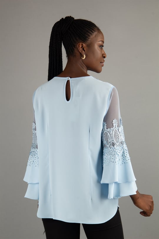 Stoned Tulle Detailed Bell Sleeve Big Size Blouse - Baby Blue